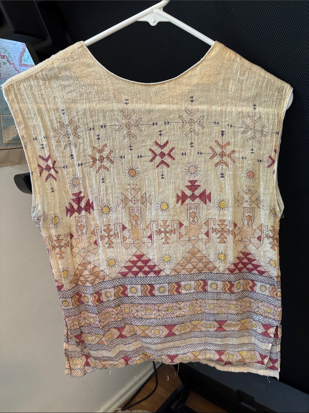 Embroidered Cream Boho Sleeveless Blouse with Red & Yellow Motif